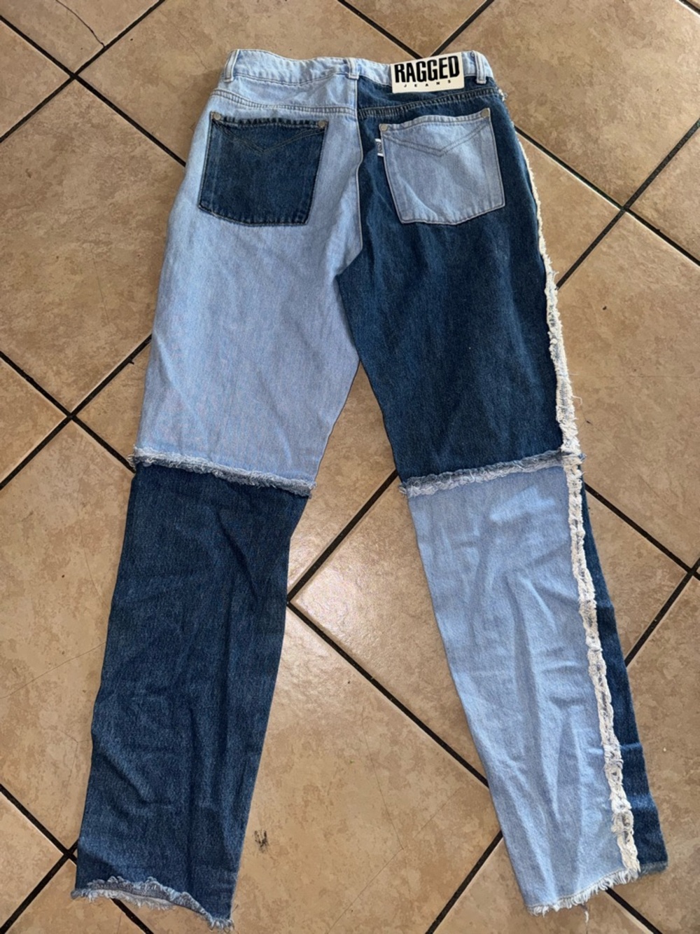 Two-Tone Straight Leg Patchwork Jeans - Light & Dark Blue - Picture 5 of 9